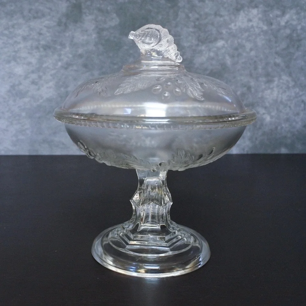 Antique 1870s McKee & Bros American Pressed Glass Barberry Covered Tall Compote